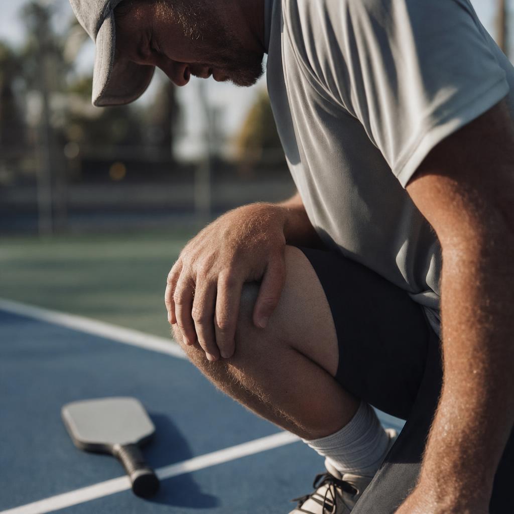 Jugador de pickleball agachado sujetándose la rodilla en pista