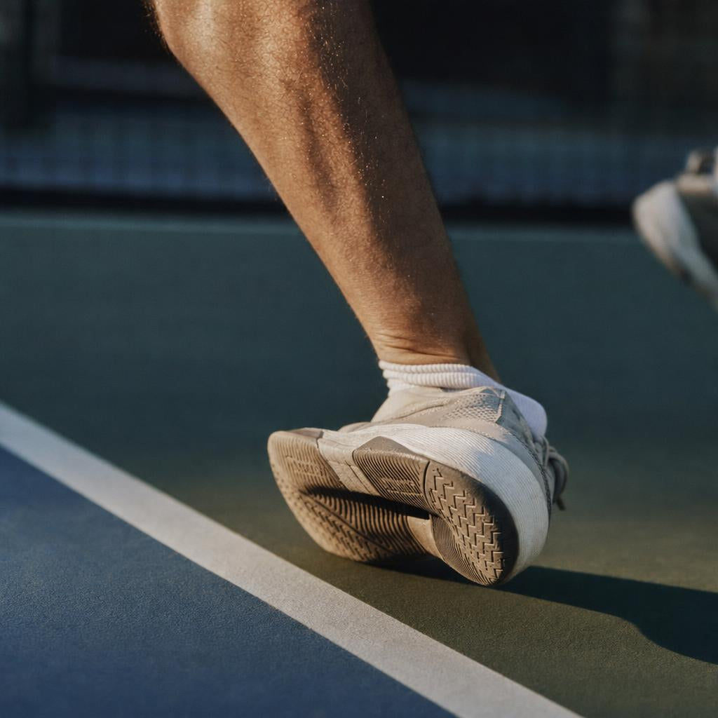 Tobillo de un jugador de pickleball girándose en un apoyo lateral en pista