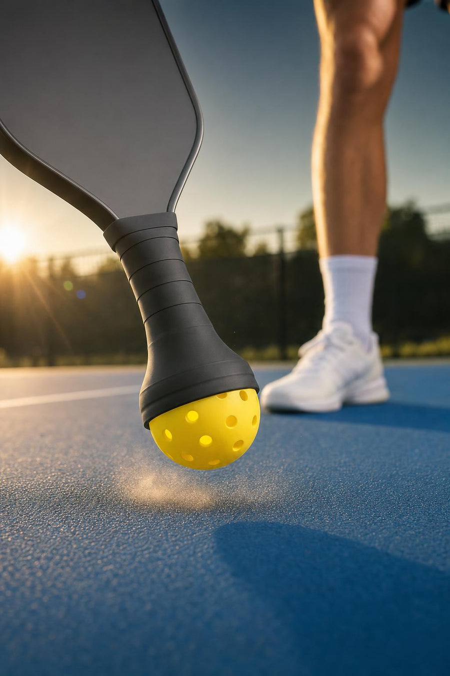 Pickleball player standing and lowering the paddle handle toward a ball with the SCOOP pickup tool
