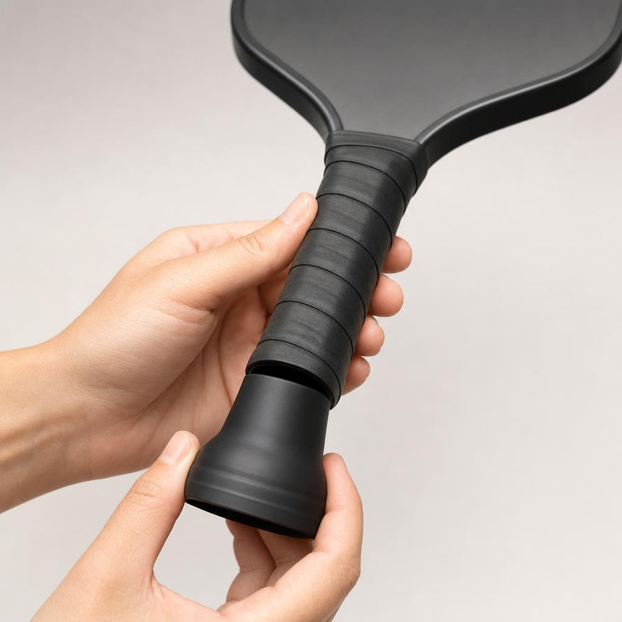 Two hands fitting the SCOOP pickup tool onto the end of a pickleball paddle handle