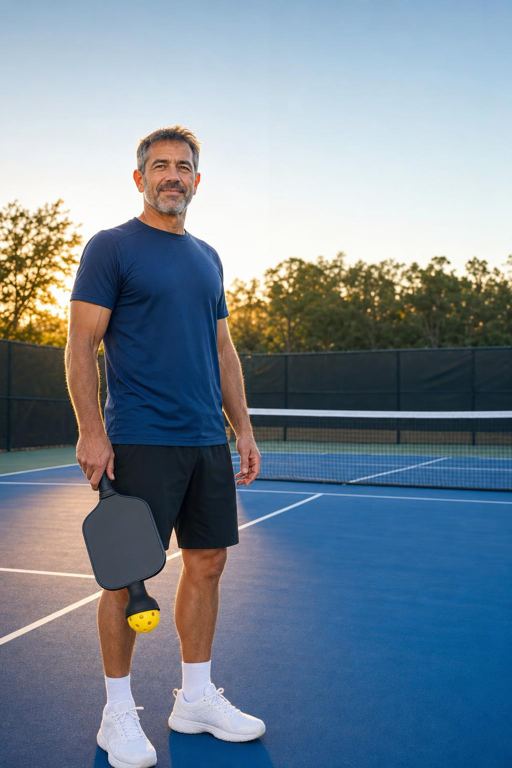 Pickleball player standing on the court at sunset with the SCOOP pickup tool on the paddle handle
