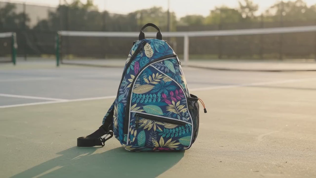 Vídeo de la mochila RALLY con estampado tropical en la pista: se abre, se meten las bolas y se cuelga al hombro