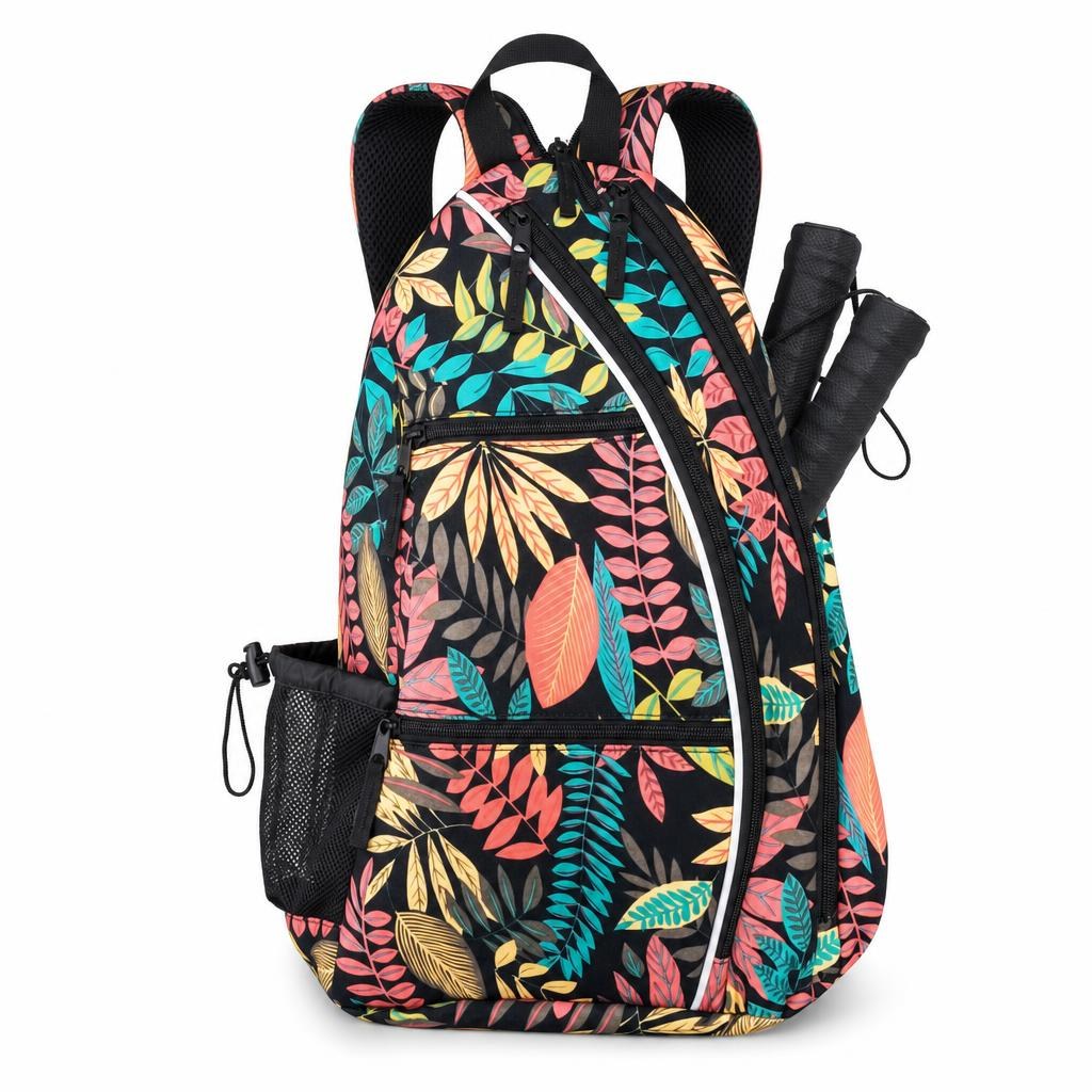 RALLY pickleball backpack in floral print on black, on a white background
