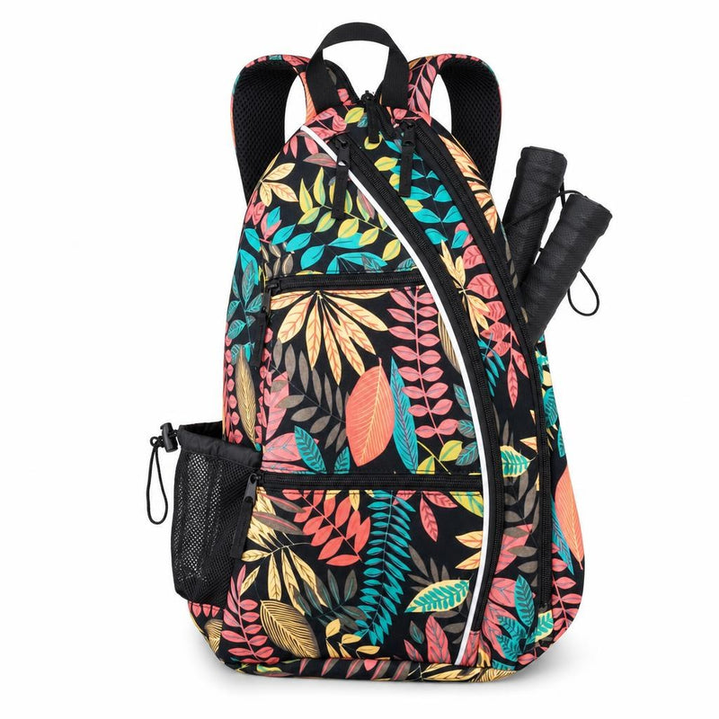 Mochila de pickleball RALLY con estampado floral sobre negro, sobre fondo blanco