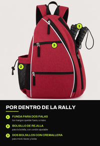 Detalle de la mochila RALLY: funda para dos palas, bolsillo de rejilla para botella y dos bolsillos con cremallera