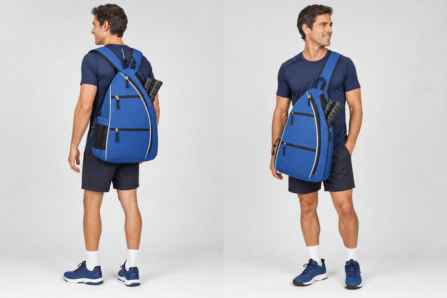 The same blue RALLY backpack worn with both straps and slung over one shoulder