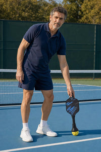Pickleball player pressing the SCOOP ball pickup tool, on the end of the upside-down paddle handle, onto a yellow ball on the ground to pick it up without bending