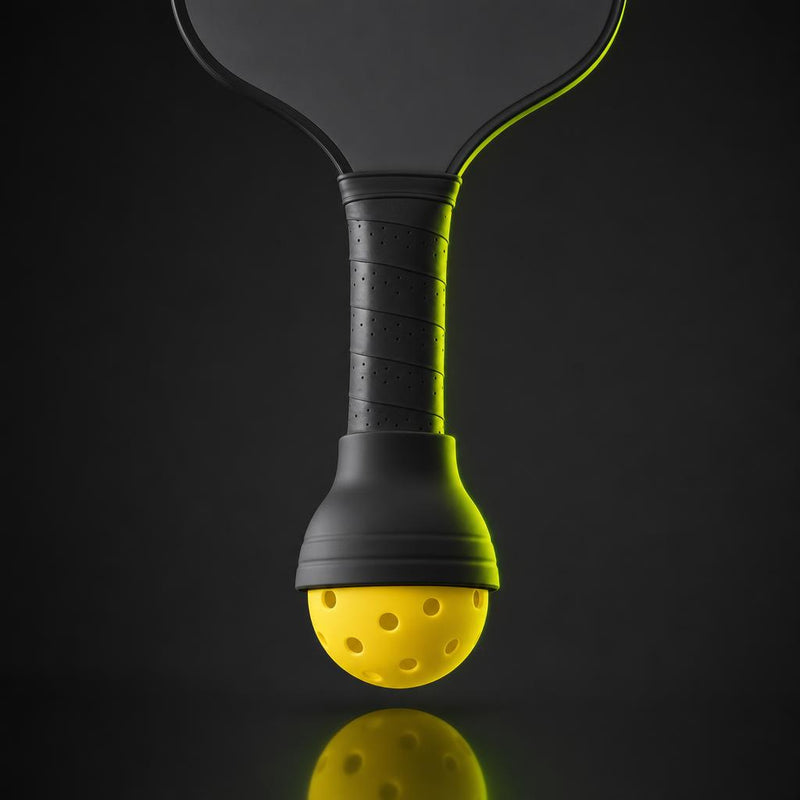 Recogepelotas SCOOP de silicona negra en el mango de una pala de pickleball, con una bola amarilla sujeta en la boca, sobre fondo negro con luz lima